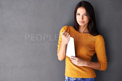 Buy stock photo Woman, fashion and tablet for portrait, mockup and grey background in beauty with style and wall. Female person, ecommerce and elegant look for confident, attractive and social media shopping