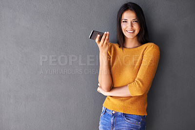 Buy stock photo Woman, phone and wall background for mockup, smile and portrait in fashion for social media. Technology, digital and interent with female person and mobile in studio for online, typing and connection 
