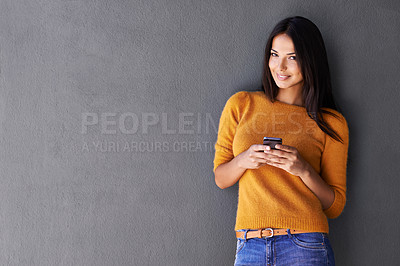 Buy stock photo Woman, smile and portrait with phone for clothes, fashion and trend for text and style in color for weekend. Female person, model and happy with mobile for casual, stylish and message on mockup