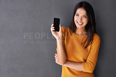Buy stock photo Phone screen, portrait or woman with mockup for contact, web or communication on wall background. Smartphone, space or face of lady person happy for google it, search or Netflix and chill sign up app