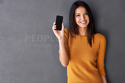 Buy stock photo Phone screen, portrait or happy woman with mockup for contact, web or communication on wall background. Smartphone, face or female person with google it space, search or Netflix and chill sign up app