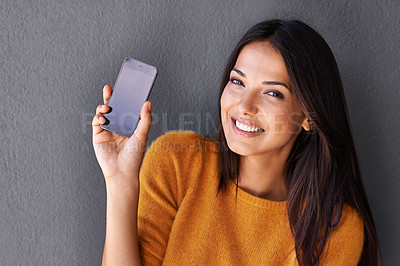 Buy stock photo Woman, portrait and show smartphone with smile for advertising or subscription, promotion and presenting. Female person, mobile phone or cellphone for social media and information, browsing and apps.