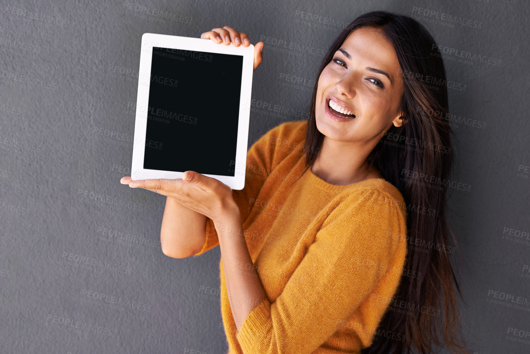 Buy stock photo Woman, smile and tablet for marketing, advertising and social media for present, show or advice of information on screen. Young person and happy with presentation on tech for online and internet 