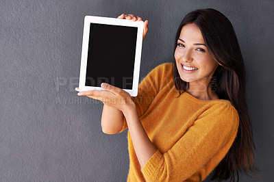 Buy stock photo Woman, portrait and tablet screen in studio, blank and mockup space for website or app. Female person, communication and empty display for marketing or advertising, social media and gray background