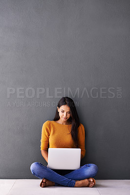 Buy stock photo Research, social media and internet for woman on floor with laptop for online, web and information indoor on weekend. Blogger or content creator and smile with tech for browse and relax with mockup  