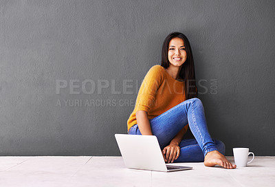 Buy stock photo Woman, laptop and portrait or coffee in home, web and cup of tea on floor of living room. Female person, mockup space and wall background for freelancer, planning and remote work in apartment on app