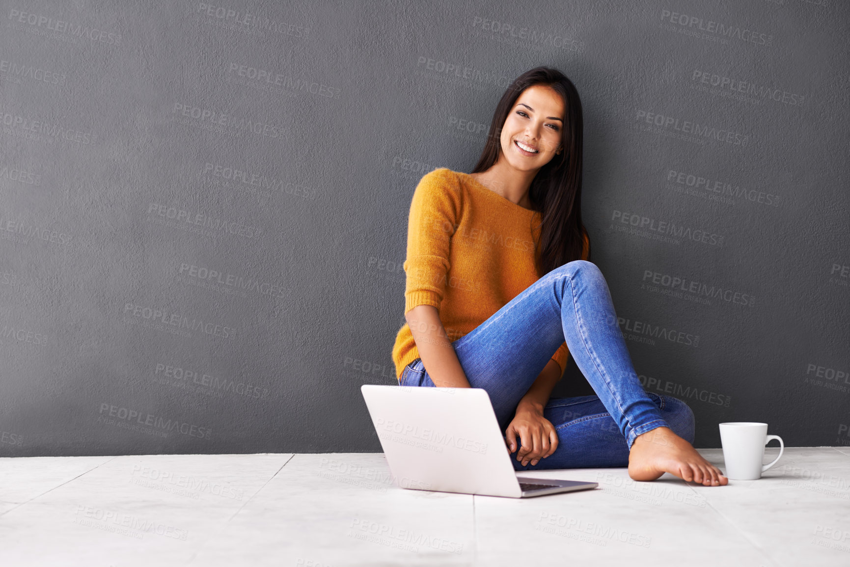 Buy stock photo Woman, laptop and portrait or tea in home, web and cup of caffeine on floor of living room. Female person, mockup space and wall background for freelancer, plan and remote work in apartment on app