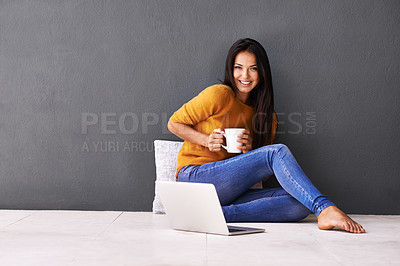 Buy stock photo Woman, laptop and portrait or cup in home, website and coffee or tea on floor of living room. Female person, mockup space and wall background for freelancer, plan and remote work in apartment on app