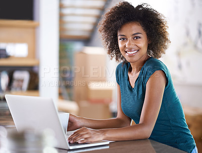 Buy stock photo Portrait, drinking coffee and happy woman on laptop in home for remote work with person at desk in apartment. Face, computer and freelancer with tea at table, typing and copywriter in South Africa
