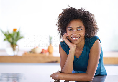 Buy stock photo Portrait, smile and afro with black woman in kitchen of home as real estate agent for house viewing. Realtor, morning and curly hair with happy young broker in modern apartment for staging showcase