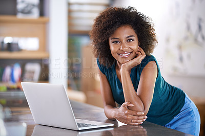 Buy stock photo Portrait, happy woman and laptop in home for remote work with young female person in apartment. Face, computer and freelancer at table, relax and copywriter on internet in South Africa in kitchen