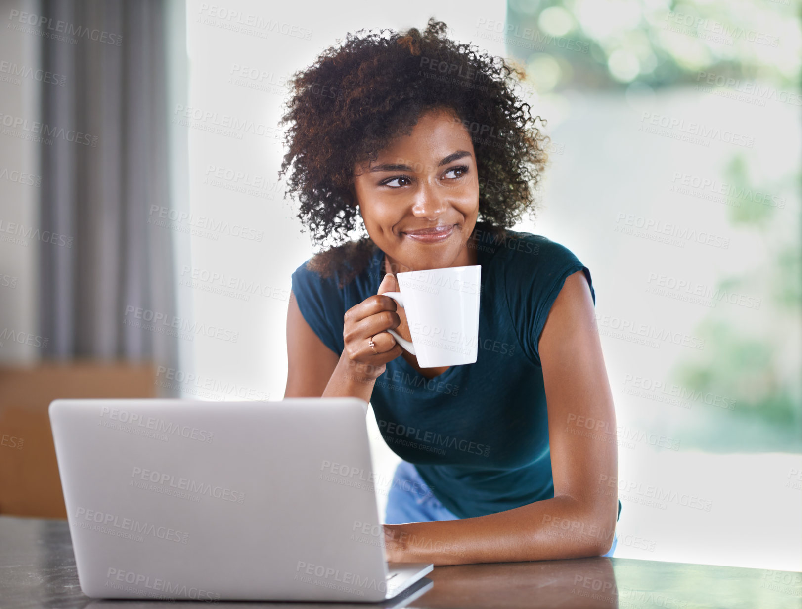 Buy stock photo Thinking, drinking coffee and happy woman on laptop in home for remote work with African person in apartment. Dream, computer and freelancer with tea at table, inspiration and planning in the morning