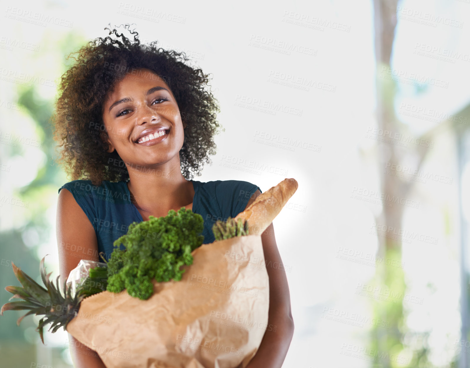 Buy stock photo Smile, paper bag and portrait of woman with groceries for dinner, lunch or supper at home. Happy, healthy and young female person with fresh, organic or nutrition ingredients for diet at house.