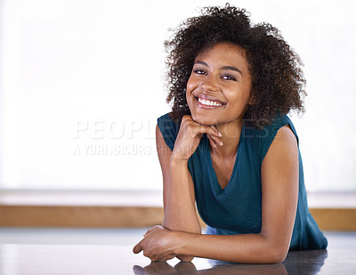 Buy stock photo Portrait of an attractive young woman standing in her kitchen