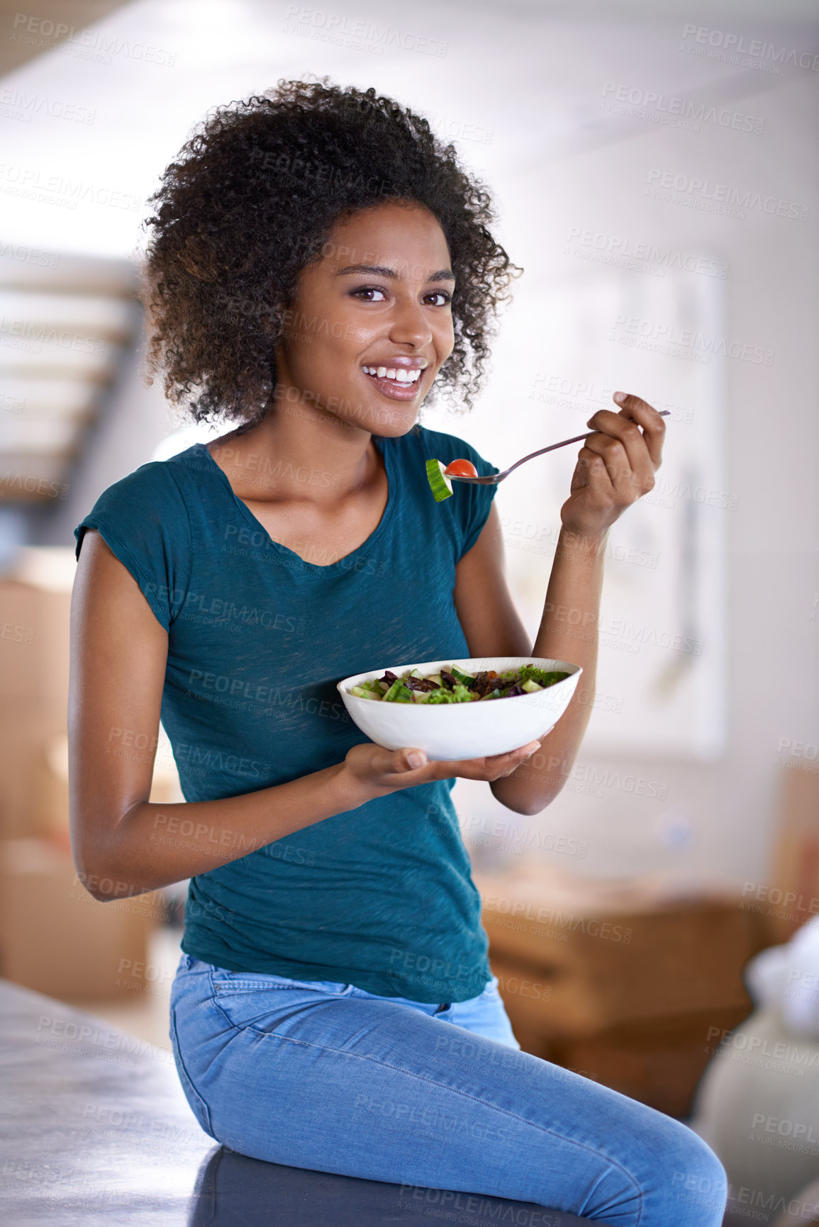 Buy stock photo Black woman, home and salad for wellness, eating and health in fitness and vegetable lifestyle. African female person, kitchen and healthy food for meal prep, happy and nutrition at house indoor 