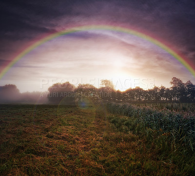 Buy stock photo Field, farm and rainbow or grass environment or sky sunset in countryside meadow or vegetation, wheat or flora. Plants, nature and forest with lens flare or outdoor climate or remote, view or morning