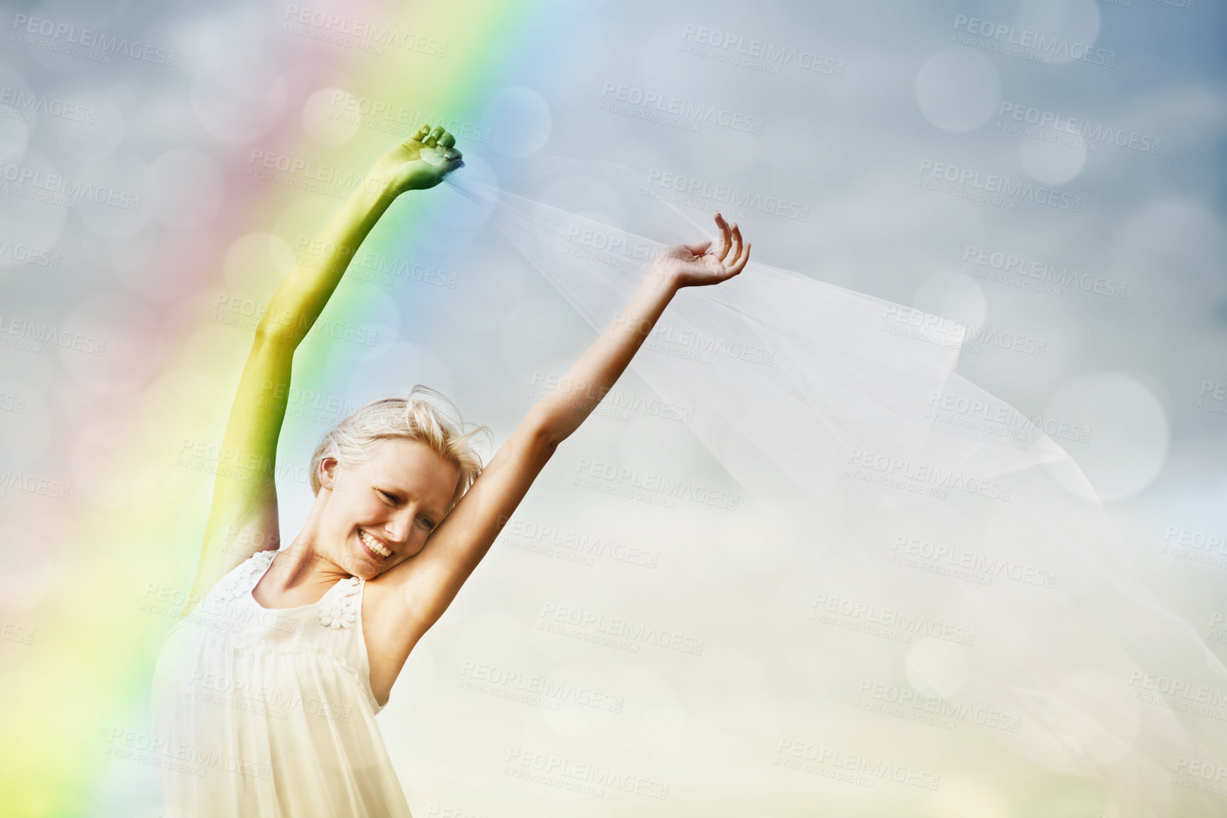Buy stock photo Portrait, rainbow and dance with a woman on bokeh for freedom, energy or to relax in the wind and fresh air. Sky, space and a happy young person feeling carefree while moving in rhythm during summer