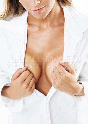 Buy stock photo Woman, sexy and cleavage with natural glow, summer and sensual style with cosmetic treatment. Beauty model, flirting and cosmetology for health body, travel and fashion clothes and care in wellness