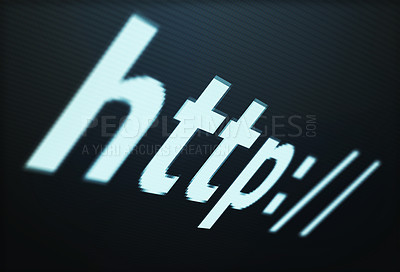 Buy stock photo Computer, screen and http search close up, networking and connectivity with internet access on computer. Url domain, online site and software for website and cybersecurity with digital communication.