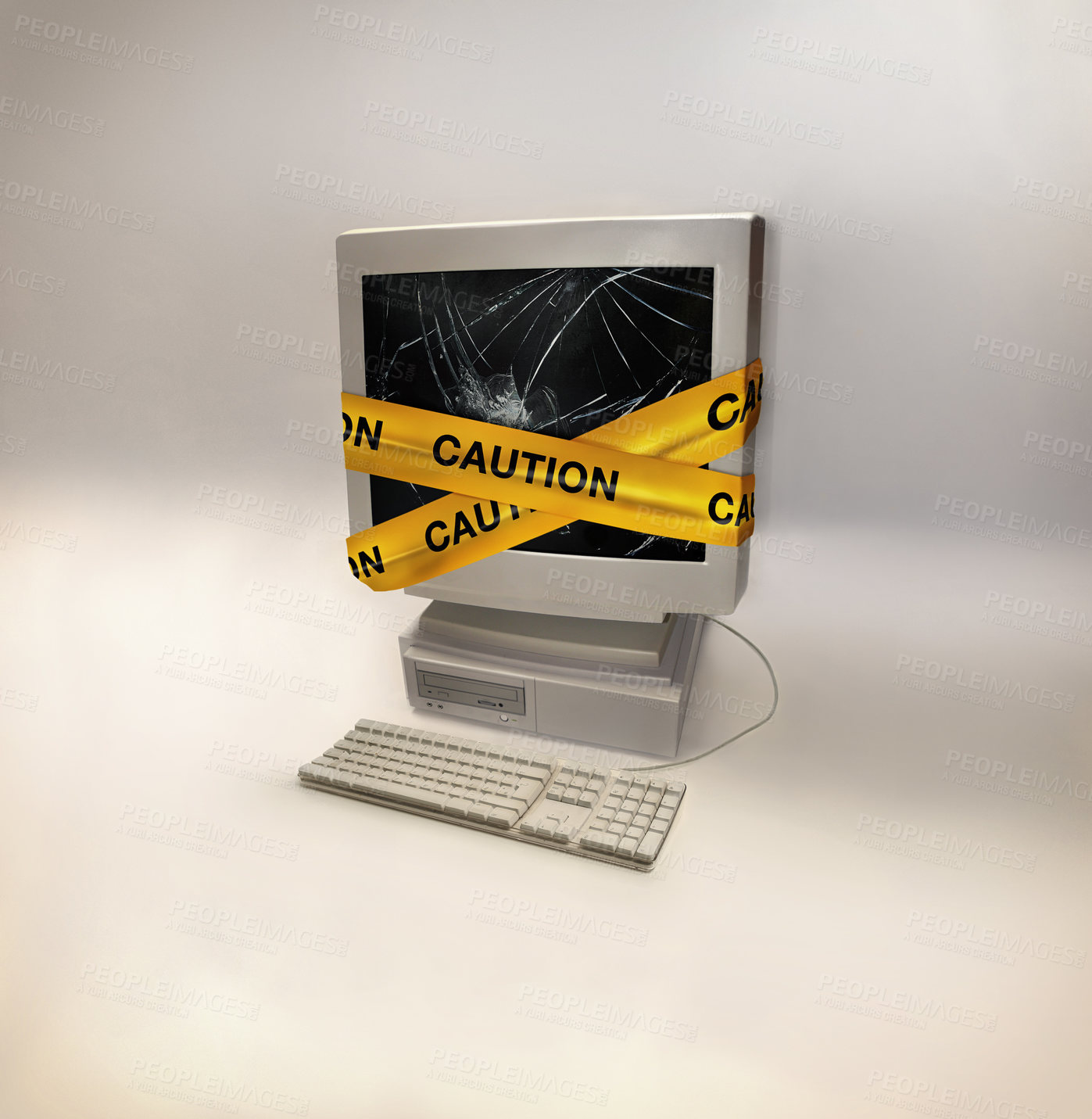 Buy stock photo Computer, virus and broken screen with warning and malware with 404 and caution tape. Cyber, connection error and technology problem on a studio background with website security and pc fail