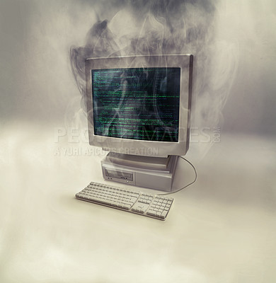 Buy stock photo Smoke, computer problem and monitor with desktop and error screen with explosion. Isolated, white background and technology fail from pc virus, old cyber malware burnout and tech system glitch