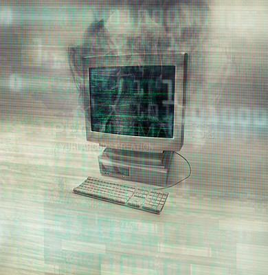 Buy stock photo Smoke, computer problem and code overlay with no people and broken screen with burning. Isolated, white background and double exposure with issue from pc virus, cyber burnout and system overload