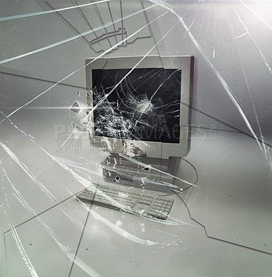 Buy stock photo Crack, glass and isolated desktop computer with problem, destruction and vintage hardware by white background. Retro pc, broken monitor and impact on screen in studio with information technology
