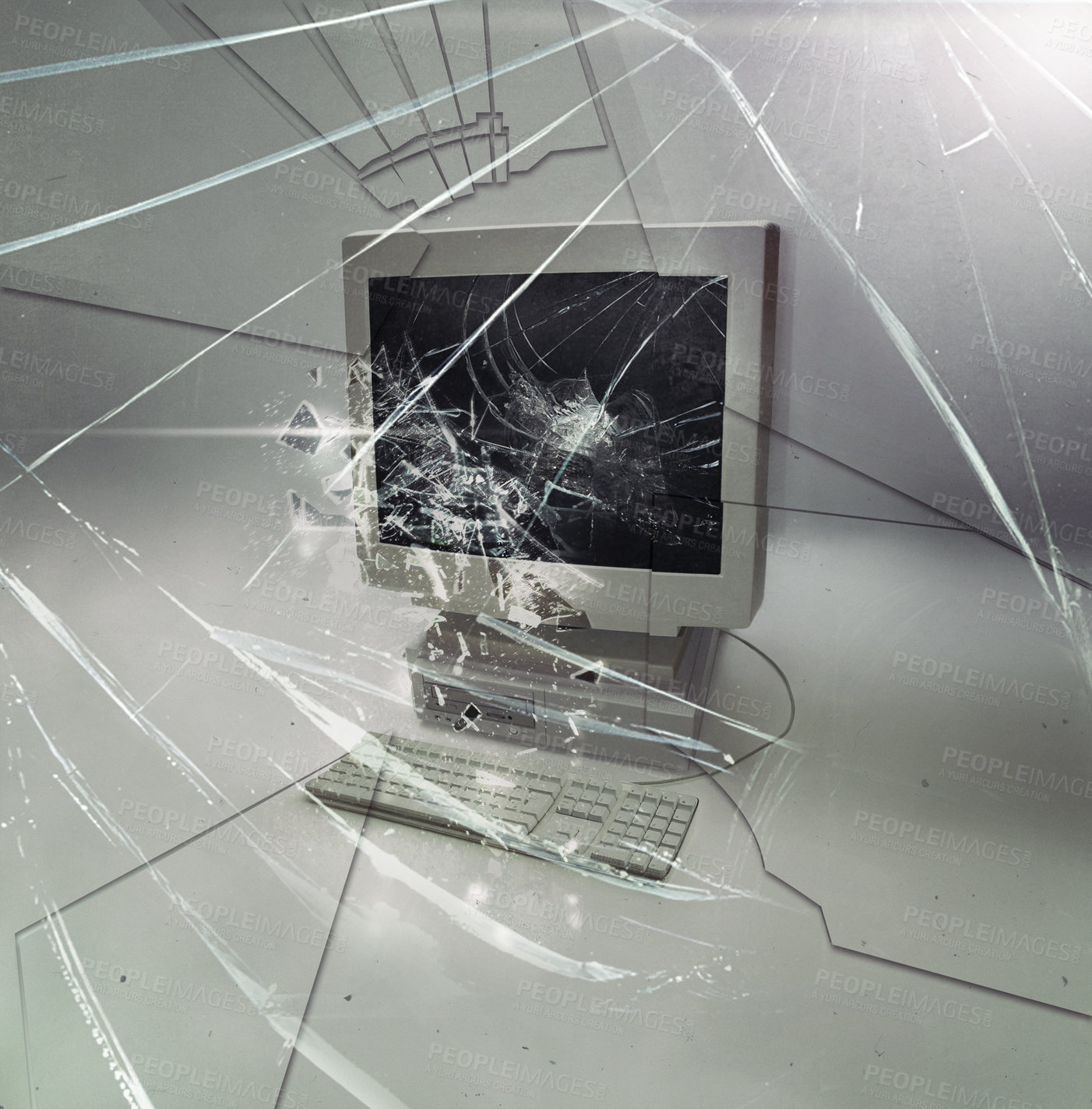 Buy stock photo Crack, glass and isolated desktop computer with problem, destruction and vintage hardware by white background. Retro pc, broken monitor and impact on screen in studio with information technology