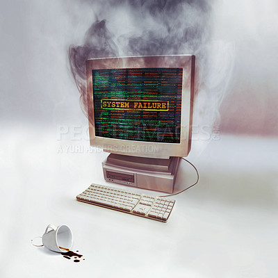 Buy stock photo Shot of a desktop computer smoking after burning out