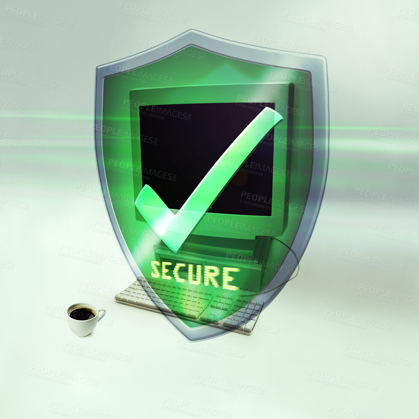 Buy stock photo Shield, computer and check for cybersecurity, safe data or information on web by studio background. Pc, cyber security and programming with 3d holographic logo for malware, tech and virus protection