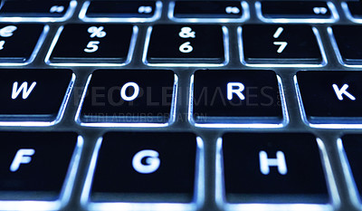 Buy stock photo Closeup macro, laptop and keyboard with shine, backlit or technology for email communication, coding or iot. Pc, computer and button for typing, networking or data for connection, seo or programming