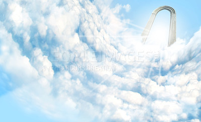 Buy stock photo Sky, staircase and light for guide to heaven or eternity for afterlife, salvation and paradise. Medieval, sunshine and steps for spiritual journey or path, walkway and freedom to beyond for peace.