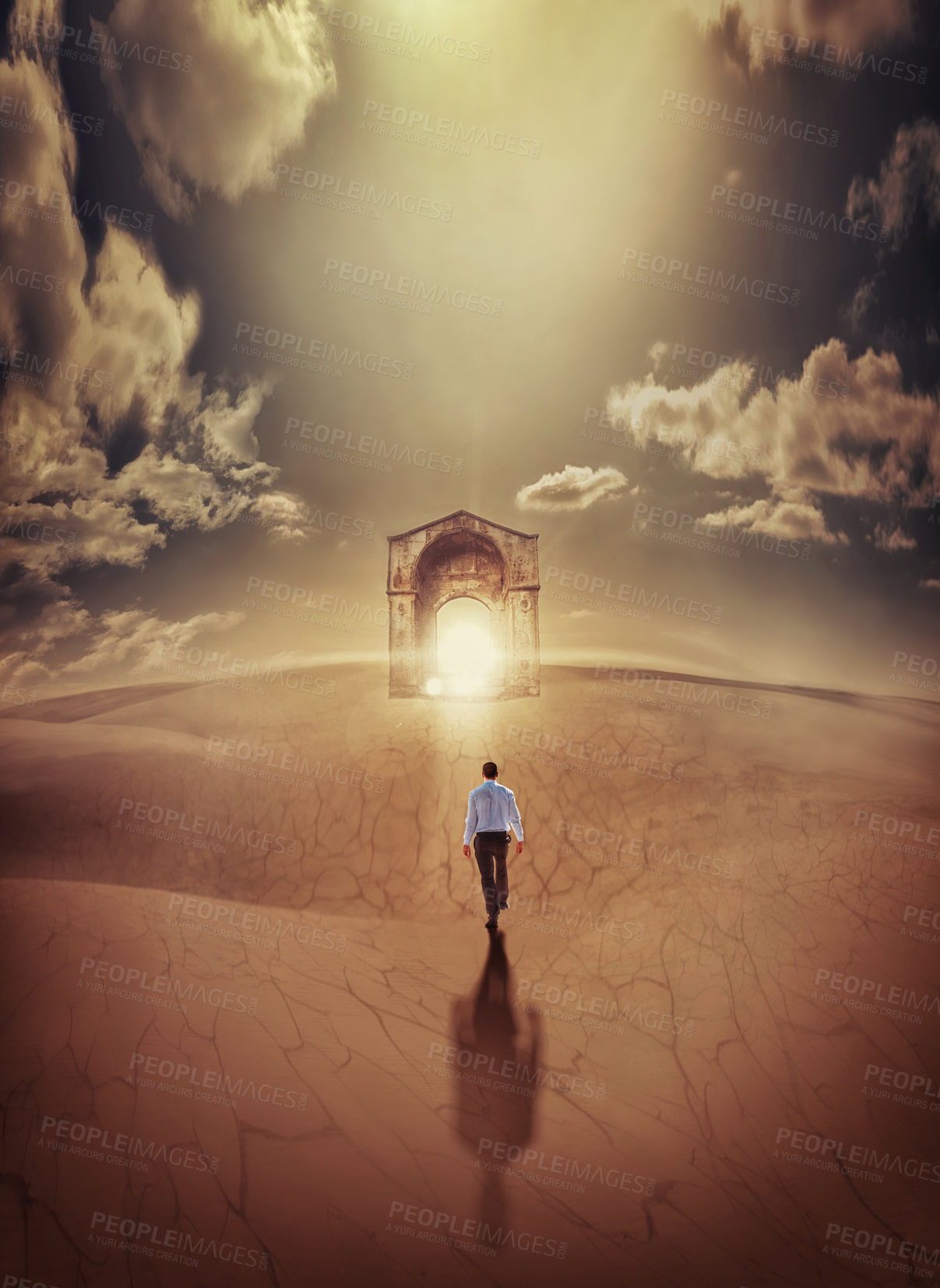 Buy stock photo Businessman, alone in desert for heaven with light guide to eternity for afterlife, salvation and paradise. Medieval, ancient and walk for spiritual journey or path, walkway and freedom to beyond