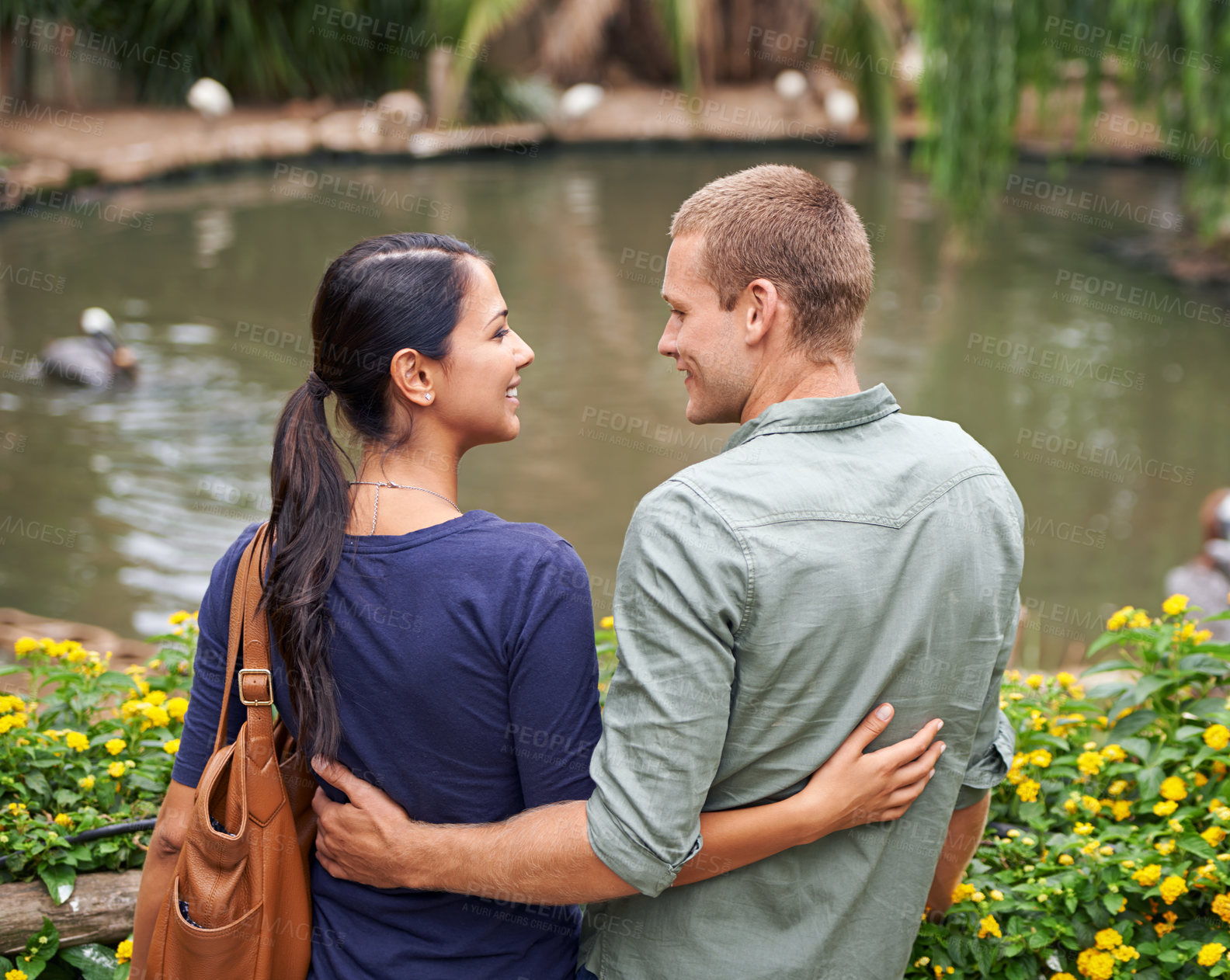 Buy stock photo Couple, hug and love or together at zoo, relationship and care on outdoor adventure or holiday. People, back and embrace on vacation and romance at sanctuary, date and calm or peace on weekend trip