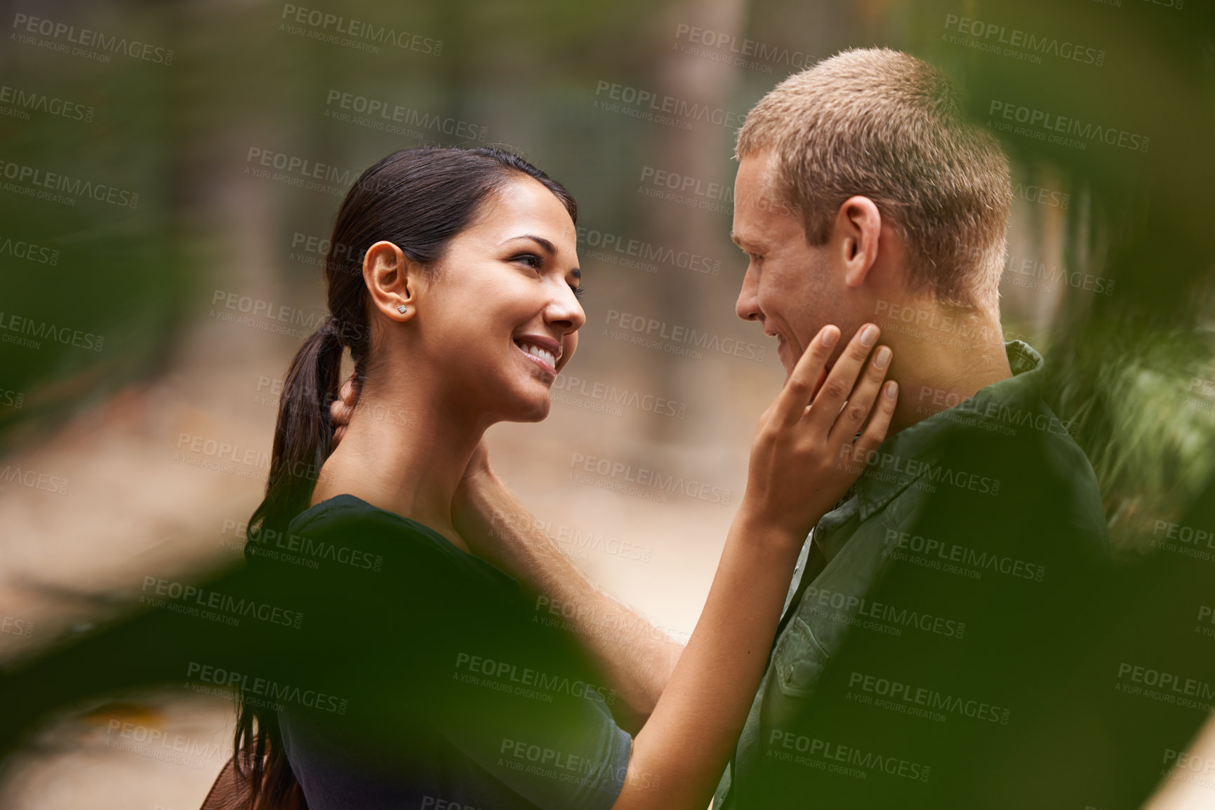 Buy stock photo Park, hug and couple with love, smile and romance with marriage and celebration for anniversary. Outdoor, date and man with woman and relationship with vacation for honeymoon and nature with care