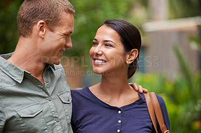 Buy stock photo Nature, hug and love with couple, date and marriage with vacation for honeymoon and relationship. Outdoor, embrace and man with woman, park or smile with holiday for anniversary or happy with romance