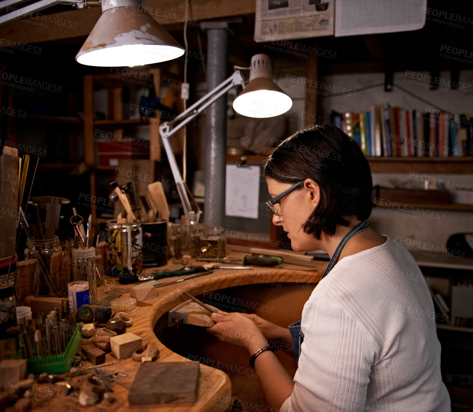 Buy stock photo Artist, woman and tools with wood in workshop with craftsmanship, skill and handmade design with creativity. Woodwork, carpenter or creative person at workspace with equipment for handicraft or hobby