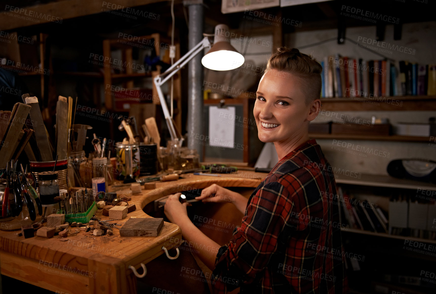 Buy stock photo Portrait, woman and tools with woodwork in workshop with craftsmanship, happy and handmade design with creativity. Artist, wood and creative person at workspace with equipment for handicraft or hobby