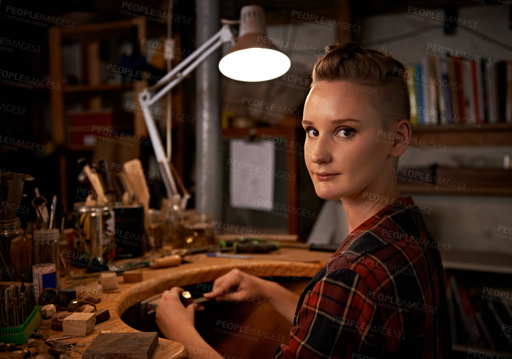 Buy stock photo Portrait, woman or tools with wood in workshop with craftsmanship, skill or handmade design and creativity. Woodwork, carpenter or creative person with confidence or equipment for handicraft or hobby