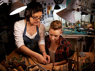 Buy stock photo Teamwork, women and tools with woodwork in workshop with craftsmanship, skill and handmade design for creativity. Wood, carpenter and creative people at workspace with repair for handicraft and hobby