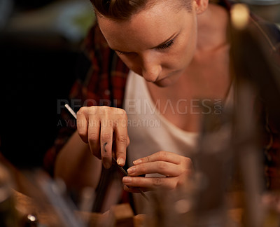 Buy stock photo Woodworking, carpentry and woman in workshop for creative project, craft or sculpture. Artisan, industrial and young female carpenter manufacturing furniture products in studio for small business.