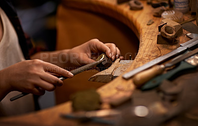 Buy stock photo Woodworking, industrial and hands of woman in workshop for creative project or sculpture. Artisan, industry and closeup of female carpenter manufacturing products in studio for small business.