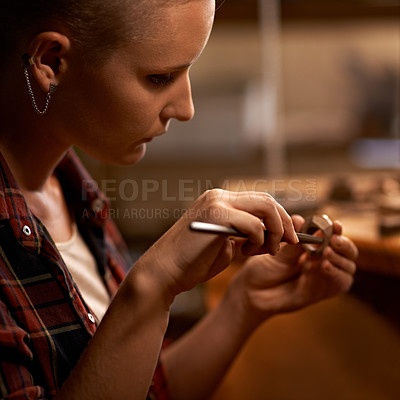 Buy stock photo Carving, wood and artist in workshop with tools for creative project or production of sculpture closeup. Artisan, carpenter and woman with talent for creativity in studio in process of woodworking