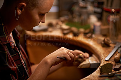 Buy stock photo Carving, wood and artist in workshop with tools for creative project or production of sculpture on table. Artisan, carpenter and woman with talent for creativity in studio in process of woodworking