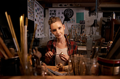 Buy stock photo Portrait, woman and tools with wood in workshop with craftsmanship, knife or handmade design and creativity. Woodwork, carpenter or creative person at workspace with equipment for handicraft or hobby