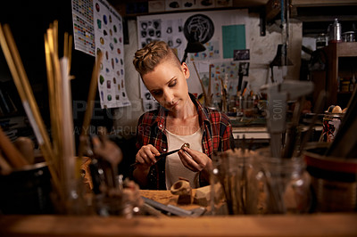 Buy stock photo Artist, woman and tools with woodwork in workshop with craftsmanship, knife and handmade design with creativity. Wood, carpenter or creative person at workspace with equipment for handicraft or hobby