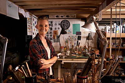 Buy stock photo Artist, studio and portrait of happy woman in workshop to work on creative sculpture or project at night. Artisan, workplace or arms crossed for pride or confidence as carpenter with talent and tools