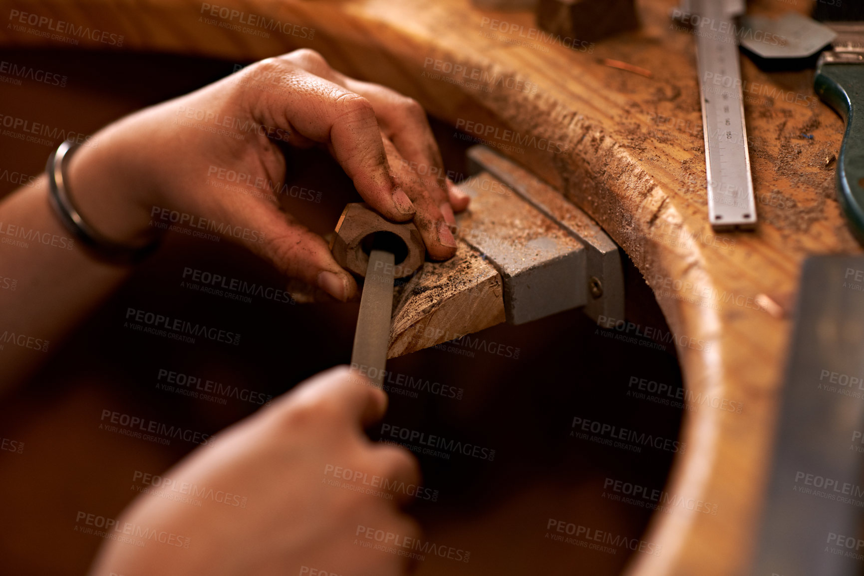 Buy stock photo Carpentry, industry and hands of woman in workshop for creative project or sculpture. Artisan, industrial and closeup of female person manufacturing products in studio for woodworking small business.