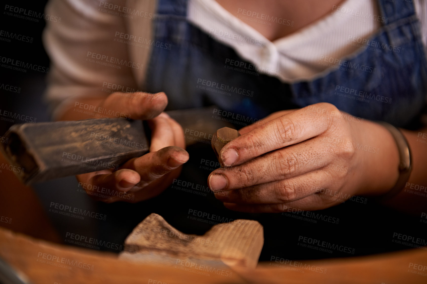 Buy stock photo Woodworking, industry and hands of woman in workshop for creative project or sculpture. Artisan, industrial and closeup of female carpenter manufacturing products in studio for small business.