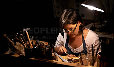 Buy stock photo Woodwork, woman and tools with wood in workshop with craftsmanship, skill and handmade design with creativity. Artist, carpenter or creative person at workspace with equipment for handicraft or hobby